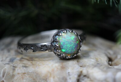 Opal Ring * Solid Sterling Silver Ring* Moon and Stars Pattern Band * 8mm Full Moon * 14x10mm* Monarch Opal *  Any Size - image1